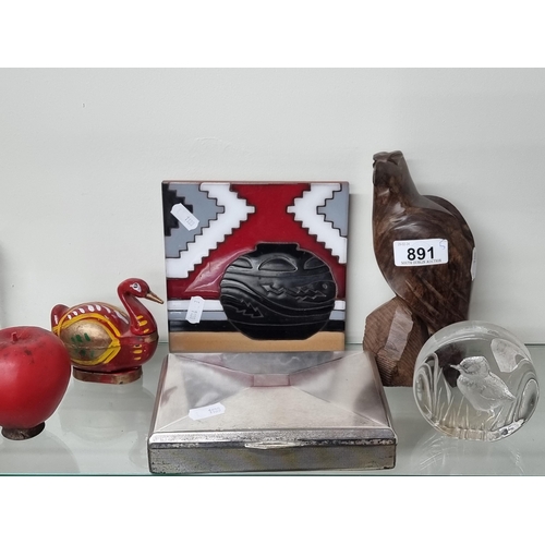 891 - A mixed lot including a vintage State Express American cigarette case, a paperweight featuring a bir... 