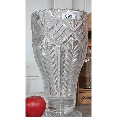 899 - An impressive large very heavy cut crystal footed vase with beautiful wheat ear design. Possibly Wat... 