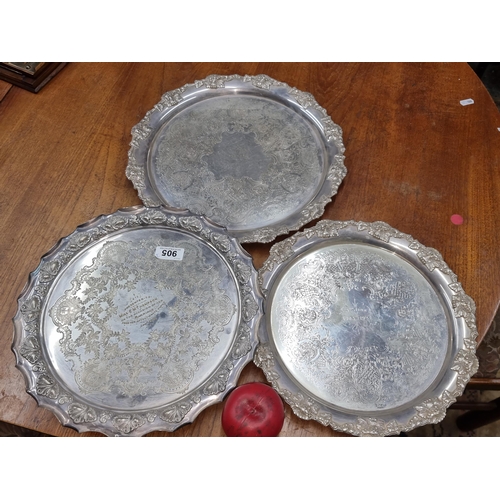 905 - 3 fabulous antique silver plate chargers one affectionately engraved to EM Thompson on the occasion ... 