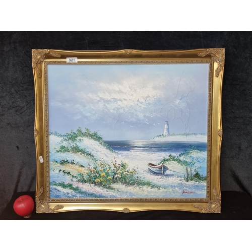 921 - A tranquil vintage original oil on canvas painting showing a coastal landscape with a lighthouse on ... 