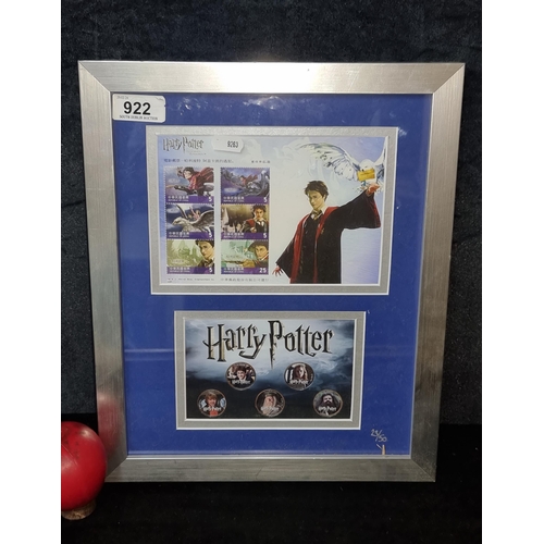 922 - A framed collectible limited edition (23/50) Harry Potter stamp and art display featuring iconic ima... 