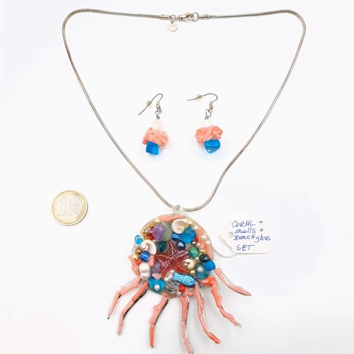 1035 - An attractive 925 stamped necklace with matching earrings. Featuring coral, shells and beach glass. ... 