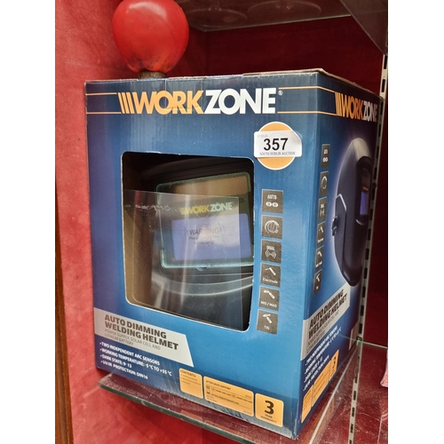 357 - A WorkZone auto-dimming welding helmet, featuring independent arc sensors and dual power supply.