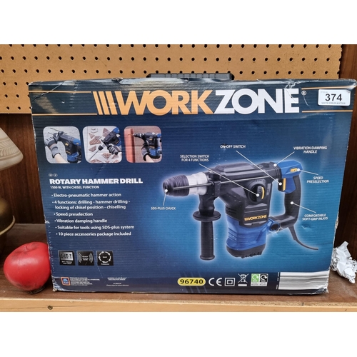 374 - A brand new WorkZone Rotary Hammer Drill, Model 96740, with a comprehensive 10-piece accessory packa... 