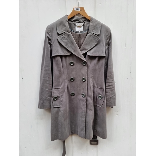 381 - An elegant Jasper Conran ladies gray double-breasted coat, featuring a subtly flared silhouette and ... 