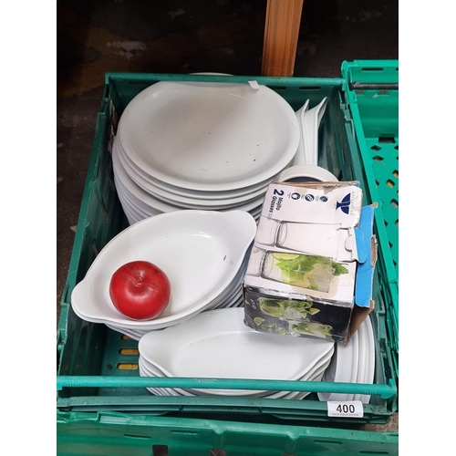 400 - A lovely large collection of commercial quality white dinnerware and two 52cl Ravenhead mojito glass... 