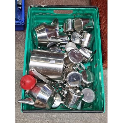 401 - A boxed lot of commercial quality stainless steel kitchenware including milk jugs, teapots and coffe... 