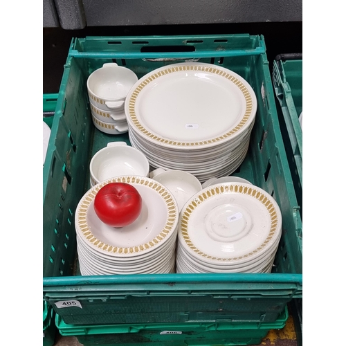 405 - A Large box of commercial quality white and gilt dinnerware.