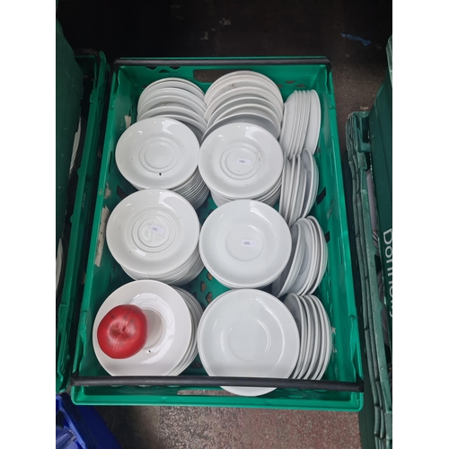 406 - A large box of commercial quality white ceramic saucers by Royal Genware. Ideal for any commercial e... 