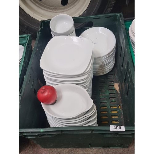 409 - A large box of commercial quality Royal genware white dinnerware.