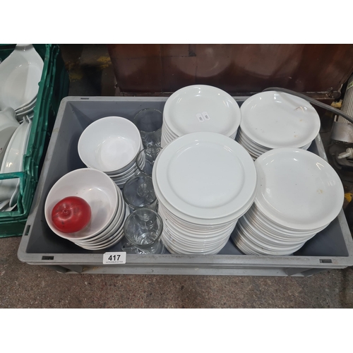 417 - A large crate of commercial quality fresh white porcelain ware by brands such as Royal Gen Ware, and... 