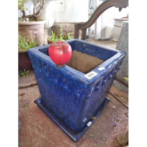 979 - A very large vibrant, cobalt-blue glazed ceramic terracotta square planter with base, showcasing dep... 