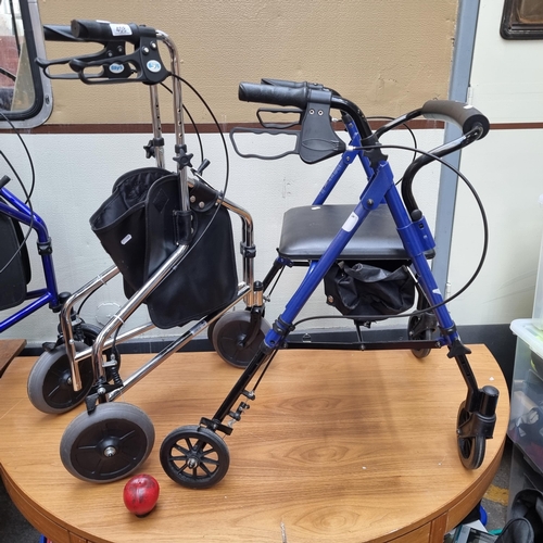 408 - Two rollator walkers including a three wheeler Days example and a four wheel example.