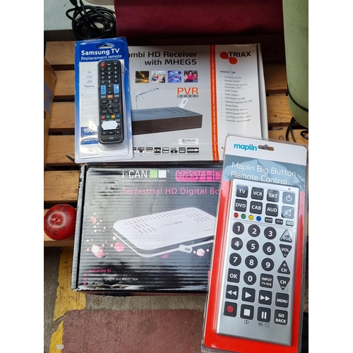 418 - Four items including a HD digital box, a HD receiver, a Maplin big button remote control and a Samsu... 