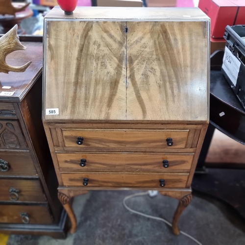 585 - A beautiful early 20th century writing desk with three pull out drawers Bakelite handles and cabriol... 