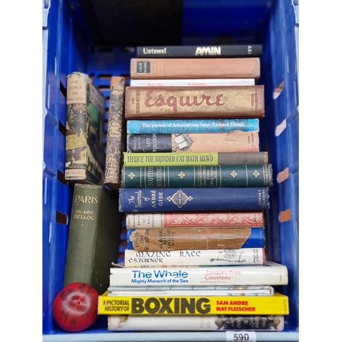 A crate containing a large assortment of interesting books.
