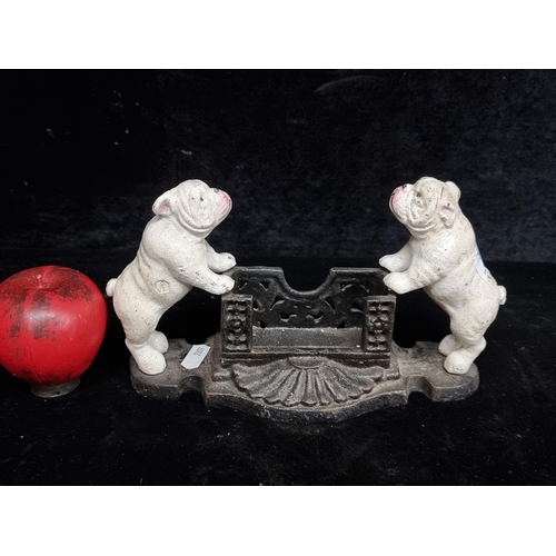 268 - A super sweet cast iron metal business card holder / letter rack. Features two white bulldogs with c... 