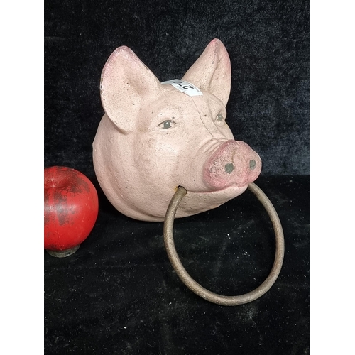 270 - A wonderful heavy cast metal wall mounted pigs head with towel ring. A real fun piece.