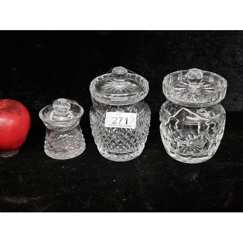 271 - A fabulous trio of Waterford Crystal preserve jars. All in good condition with original lids and aci... 