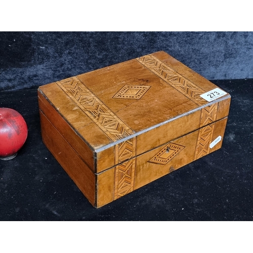 273 - An antique Victorian Tunbridge ware inlaid walnut jewelry box. Beautiful geometric patterned marquet... 