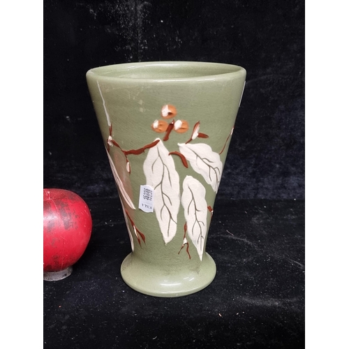 279 - A very pretty antique CH Branham Royal Barum Ware leaf and berry glazed terracotta, footed vase (7