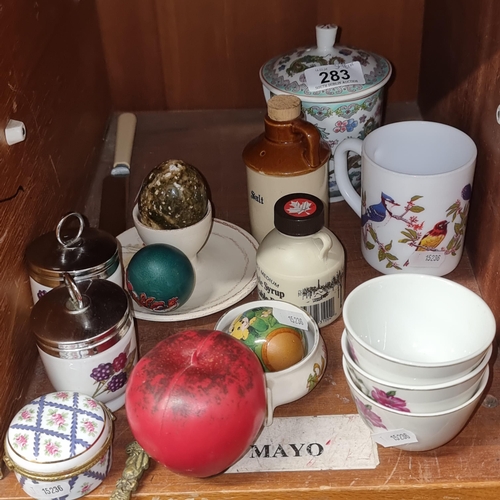 283 - A mixed lot of sixteen items including two Royal Worcester porcelain egg coddlers, a salt glazed sto... 