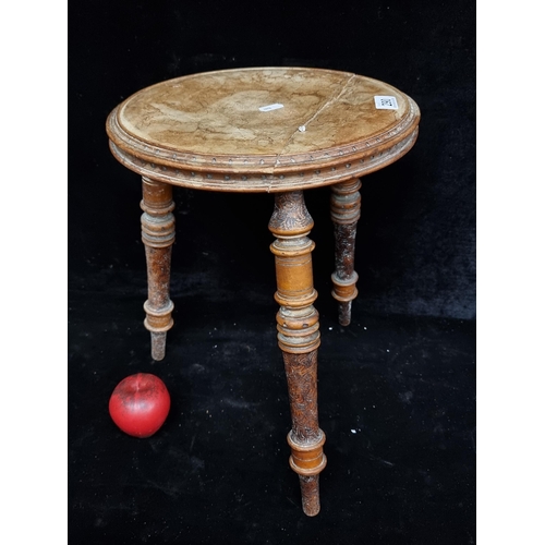 290 - A charming vintage wooden milking stool with wonderful turned legs and pyrography floral detail to s... 