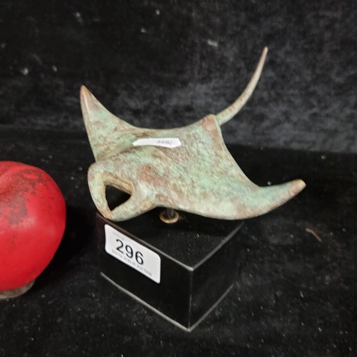 296 - Star Lot : A beautiful cast bronze figure of a sting ray sat on a wooden plinth base with a captivat... 