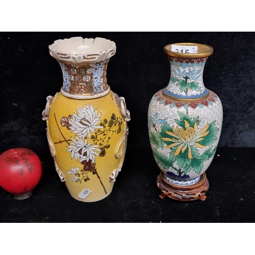 315 - Two stunning oriental hand painted vases including one enameled example with gilt gold detailing to ... 