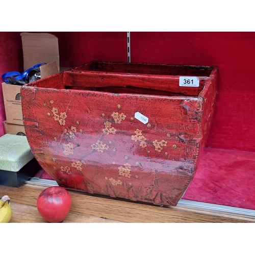 361 - A lovely large red lacquered Chinese trug with beautiful floral design.