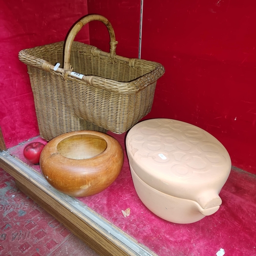 365 - Three items including a Mahon wood turned bowl, a terracotta lidded pot and a vintage rare stairs ba... 