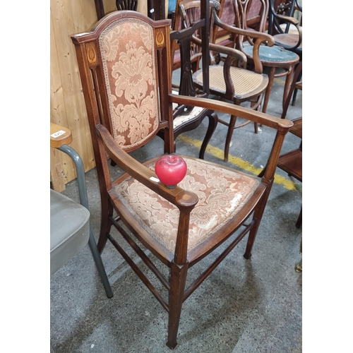 627 - A lovely antique Edwardian mahogany armchair, featuring lovely string inlay throughout, upholstered ... 