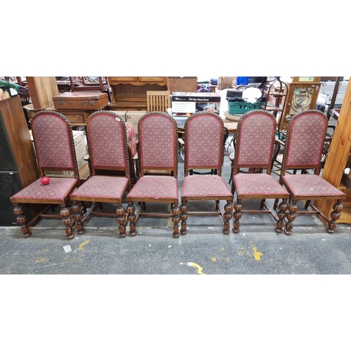 641 - Six sophisticated early 20th century Jacobean-style dining chairs, sturdy oak frame with egg and dar... 