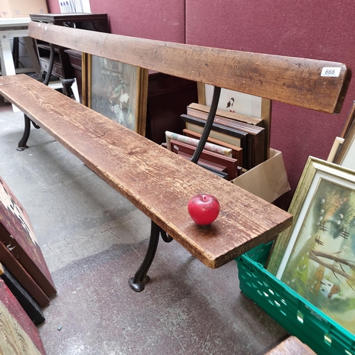 668 - Star Lot : A fabulous Large 3 meter antique Railway station bench, with heavy cast iron legs and sol... 