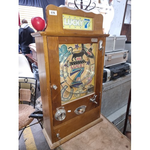 616 - Star Lot : A fantastic vintage  highly enjoyable oak penny arcade wall mounted pinball machine, work... 