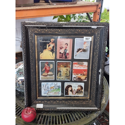 907 - A nicely framed collection of classic vintage advertising cards.