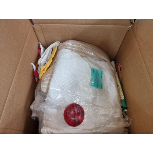 958 - A large box of very good quality linens and clothing including dry cleaned items.