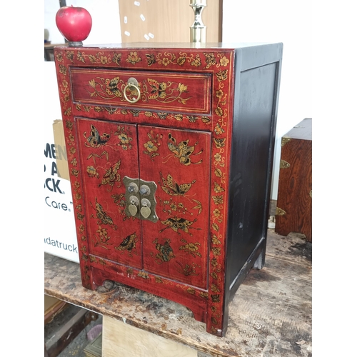 962 - Ornate Chinese cabinet, red lacquer with gold leaf butterflies and florals, brass hardware, imbued w... 