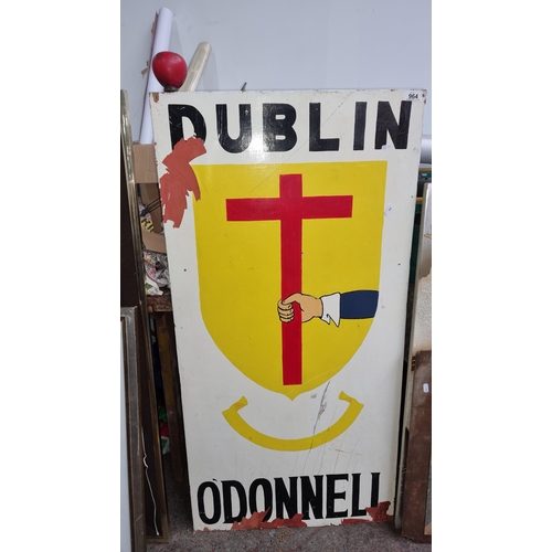 964 - Vintage wooden sign with a bold heraldic crest of Dublin featuring a vivid yellow background and ico... 