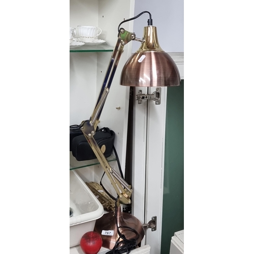 767 - A fabulous two tone, copper and brass angle poise desk lamp. A beautiful example.