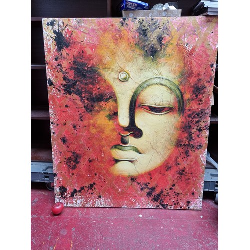 356 - A large original contemporary mixed media on canvas painting featuring a serene buddha. Includes tex... 