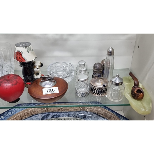 786 - Eleven miniature items including a super sweet little dog lamp,  two table lighters, a cut glass ash... 