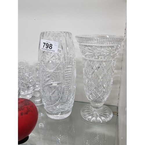 798 - A gorgeous Waterford Crystal vase in the Glandore pattern (small chip to rim), along with another at... 