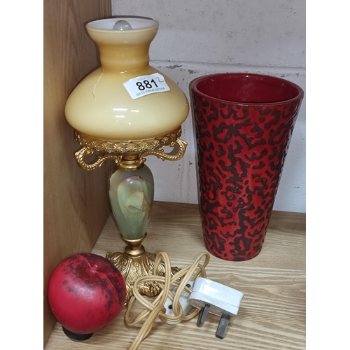 881 - A fabulous lot including a vintage brass opaline yellow glass table lamp with gilt scroll and foliat... 