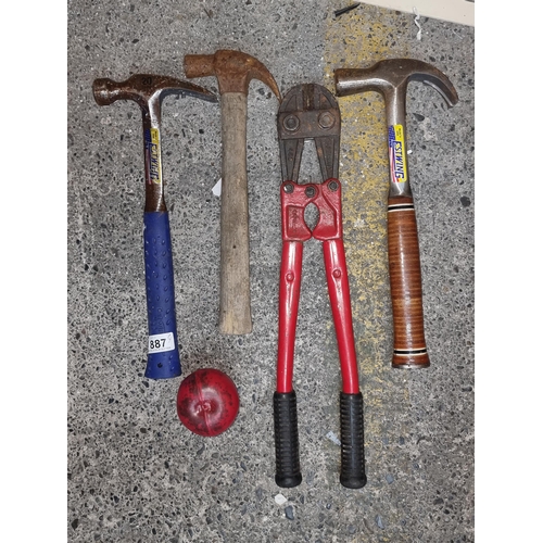 887 - A set of four tools including plyers and three hammers two of which are branded Estwing.