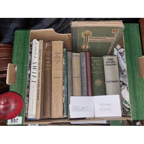 857 - An antique box Irish interest of twelve books including Handbook of the Ulster Question 1923 with ma... 