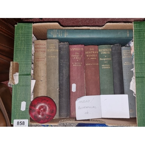 858 - A box of nine vintage and antique hardback book, including Leif Erikson Discovery of America A.D 100... 