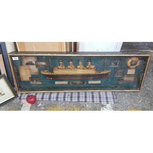 905 - A large vintage Titanic 1912 wooden model display featuring prints of newspaper articles and informa... 