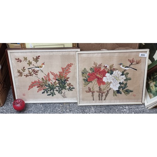 895 - A delightful pair of vintage Chinese ink on silk paintings showing delicate studies of garden birds ... 