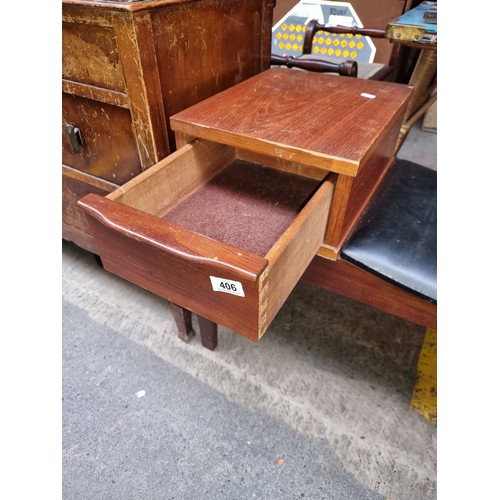 406 - A very nice Mid Century phone table with one drawer and leather seat.